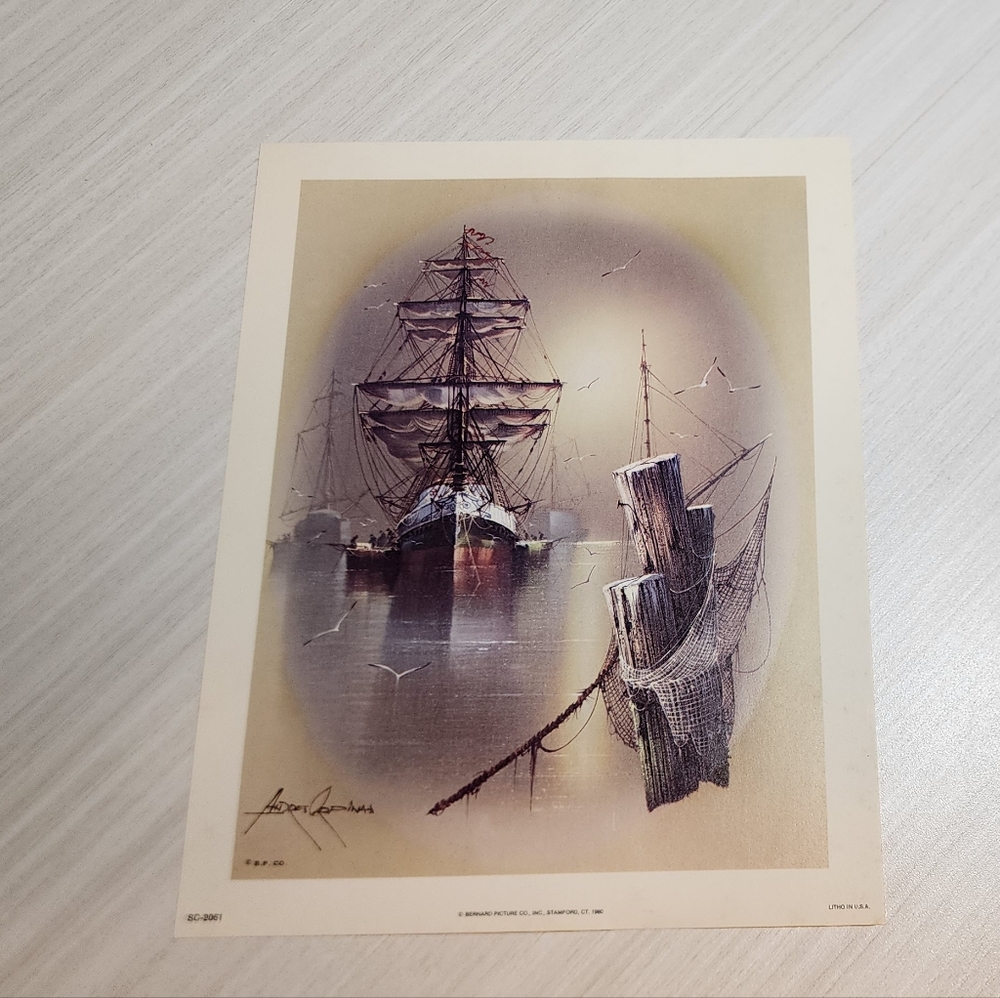 Vintage 80s Lithograph print titled "Captain's Quarters" by Andres Orpinas. 